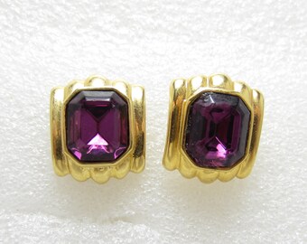 Faux Amethyst Purple Rhinestone Gold Tone Earrings Post Pierced Vintage Costume Jewelry