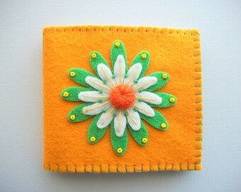 Needle Book Yellow Felt with Large Embroidered Flower Handsewn