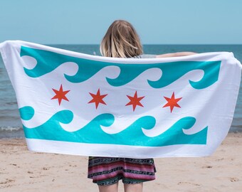 Chicago Flag Waves Beach Towel