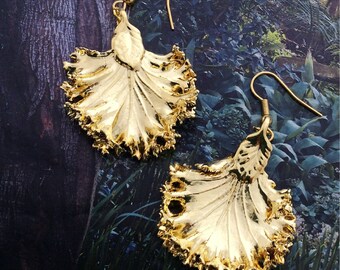 Real Leaves Jewelry, Kale Lettuce Leaf Earrings, 24K gold dipped nature's leaves by Woodsmith