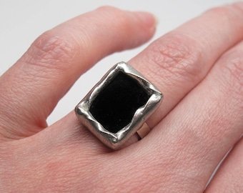 Dark Cavern - Sterling Silver Stained Glass Ring - Size 6.5