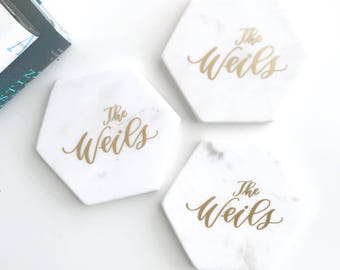 Personalized Marble Coasters - White Marble Coasters - Personalized Coasters -Coaster Set -Drink Coasters - Housewarming Gift - Wedding Gift