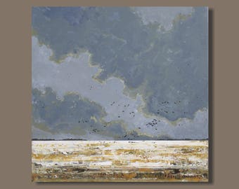 FREE SHIP abstract landscape painting, large abstract painting, stark spare winter field, Nova Scotia, gray white, monochromatic, minimalist
