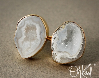 Gold Dual Geode Druzy Ring - Statement Ring - Raw Geode
