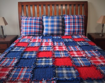 Americana Rag Quilt, Diagonal Set, Handmade Cotton Flannel Quilt, Twin or Large Throw Size, 75" x 92"