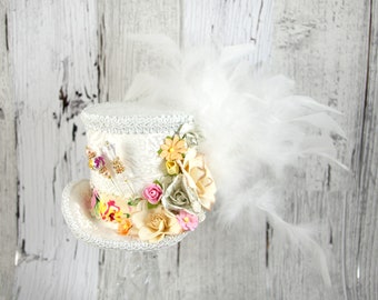 White, Ivory, Pink, Yellow, and Cream Paper Flower Medium Mini Top Hat Fascinator, Alice in Wonderland, Mad Hatter Tea Party, Derby Hat