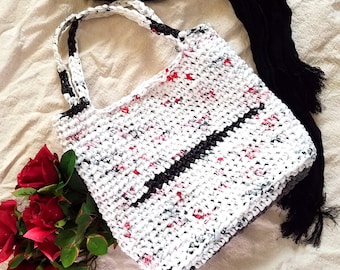 Small White, Black and Red Plarn Tote Bag