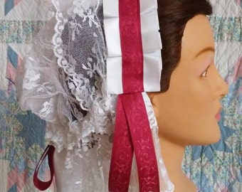 White Lace Fanchon Styled Day Cap with Burgandy Brocade Ribbon