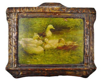 Ducks on Pond Antique Chromolithograph on Board A. Koester