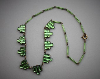 Art Deco Green Mirrored Glass Necklace / Antique 1920s Vauxhall Stepped Glass Choker Necklace