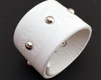 Clean White Tooled Leather Cuff Bracelet with Adjustable Closure, Leather Wristband, Recycled Belt Jewelry, Seattle Handmade, OOAK