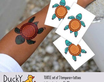 Set of 3 temporary tattoos "Turtle". Lucky sea animal kids temporary tattoos. Turtle and under the sea party favors and goodie bag supply