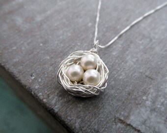 Birds Nest Necklace, Mothers Necklace, Pearl Egg Nest, Personalized Jewelry