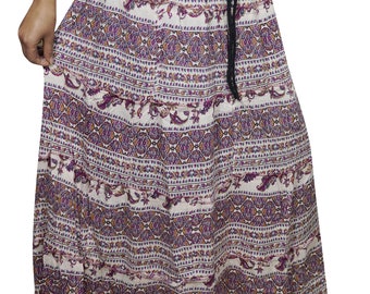 Boho Chic Tiered Gypsy Skirt Purple Printed A-Line Embellished Summer Fashion Long Skirts