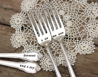 I do Me Too Forever and a Day Wedding Fork Set - Cake Dinner - Hand Stamped - Vintage Silver Plated Flatware - mr mrs