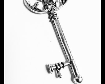Silver Skeleton Key Pendant Vintage Style Antiqued Silver Ornate 67mm