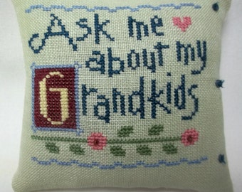 Grandmother Cross Stitch Mini Pillow Ask Me About My Grandkids Shelf Pillow