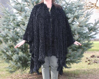 The Morticia Wrap - A Striking Long Black Fringed Shawl or Ruana