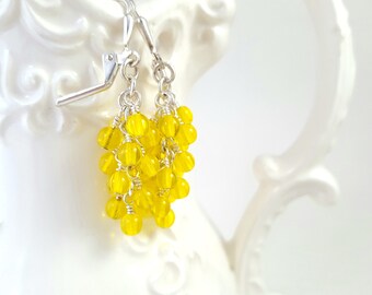 Yellow Glass Cluster Earrings - Bright Yellow Dangling Earrings - Grape Earrings - Statement Earrings - Fun Earrings - Czech Glass Beaded