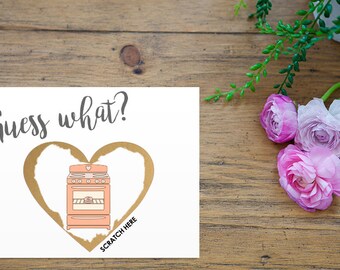 Set of 4 OR MORE Scratch Off Guess What? We're Pregnant Bun in the Oven Card - Pregnancy Announcement I'm Pregnant Card w/ Metallic Envelope