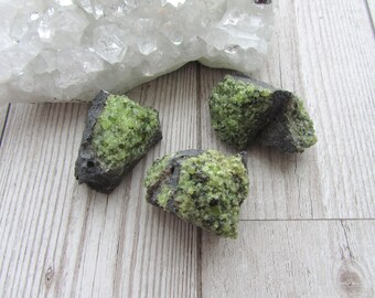 Natural Peridot On Basalt - Raw Rough Gemstone Specimens - Green Stone