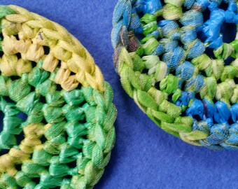 Two Plarn Dish Scrubbies, yellow and green, blue and green, recycled plastic bags, dish scrubby pot scrubber