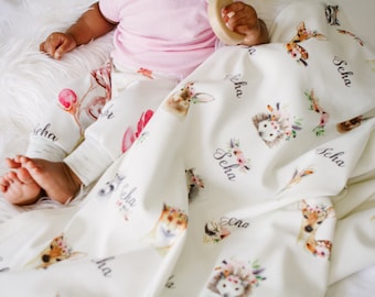 Personalized Forest Friends Girl Baby Blanket - Forest Friends with Flowers - Blanket For Girls With Name - Feminine Nursery - Shower Gift