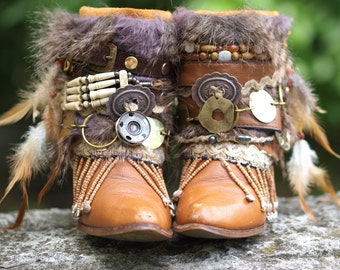 Custom upcycled REWORKED vintage BOHO boots festival BOOTS gypsy boots ankle boots belted boots Cowgirl Boots Upcycled boots