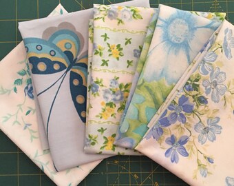 Vintage Sheet Fabric Fat Quarters - 5 pack- blues