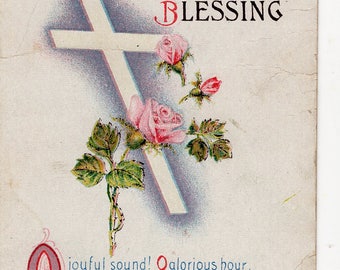 Easter Vintage Postcard cross with pink roses