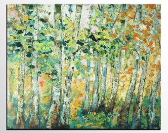 Oil Painting Landscape, Canvas Art, Original Painting, Birch Tree Painting, Living Room Wall Art, Large Abstract Art, Large Canvas Painting