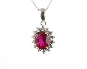 Ruby Pendant, Sterling Silver, 925 Silver Oval Pendant & Chain, Lab Ruby Necklace, Ruby Jewelry, Silver Jewelry, July Birthstone, UK Seller