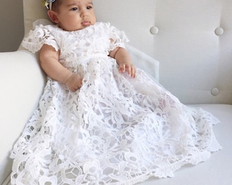 Stunning and Beautiful White Lace baptism dress Christening dress Baby Lace Dress lovely Capp Sleeve long length