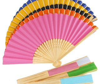 Paper Folding Hand Fan w/ Wooden Handle, 8-Inch