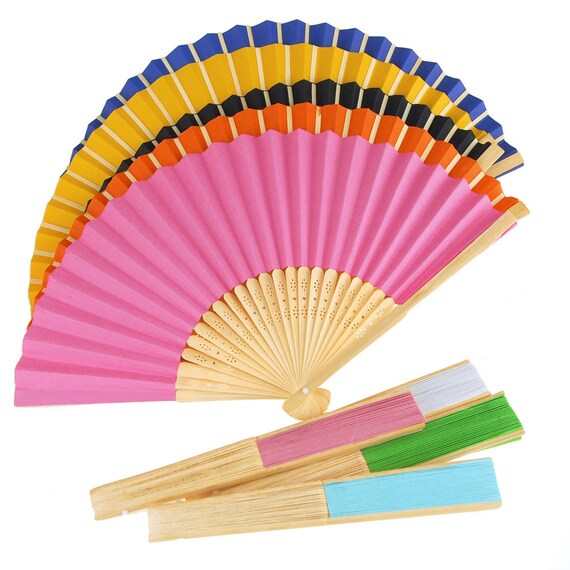 Paper Folding Hand Fan w/ Wooden Handle 8Inch