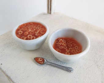 Miniature Spaghettios SET - One Full Bowl, One Partially Consumed Bowl, One Spoon - 1:6 Scale Polymer Clay Realistic Food for Fashion Dolls