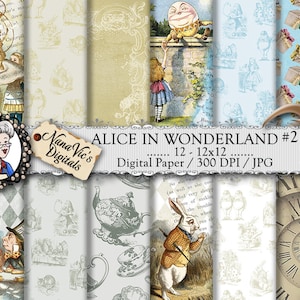 Alice in Wonderland Digital Papers 1: vintage collage sheet, toile patterns, journal Scrapbooking paper, Photography back drop, John Tenniel