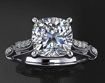 annette ring - 2 carat cushion cut NEO moissanite engagement ring, vintage inspired