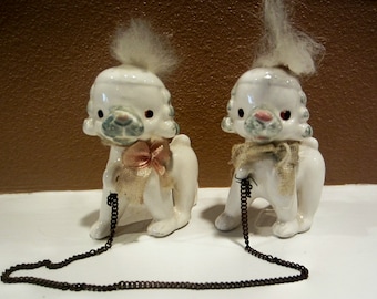 Vintage, Porcelain Poodles on a Chain Leash, 1950's Made in Japan