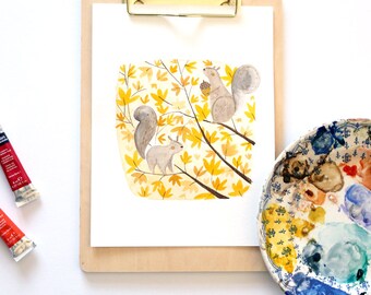 Autumn Squirrels A4 Art Print
