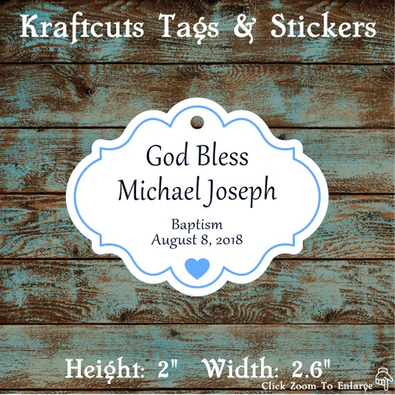 Personalized Favor or Gift Tags - God Bless Baptism Tags with Blue Border #769 - Quantity: 30 Tags