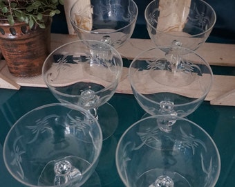 Set of 6 Etched Glass Sherbert Dishes