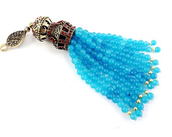 Large Long Blue Curacao Jade Stone Beaded Tassel with Crystal Accents - Antique Bronze - 1PC