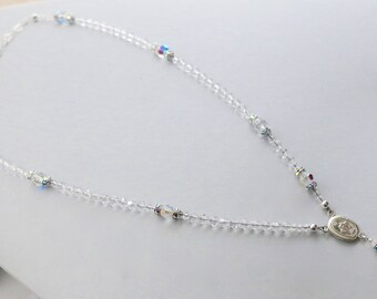 Swarovski Clear Crystal Catholic Rosary Necklace in Sterling Silver