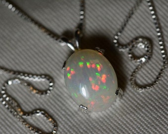 Opal Necklace, 4.11 Carat Solid Opal Pendant Appraised at 1200.00, Sterling Silver, Spectacular Green Orange Pinfire Pattern