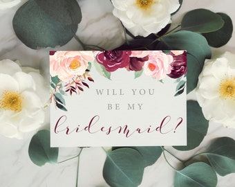 Burgundy Floral Proposal Card, Will You Be My Bridesmaid Card, Rustic Wedding Card, DIY Bridesmaids Card, Instant Download Template