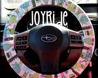 Steering Wheel Cover Cactus Everywhere Fabric with Matching Keychain Option Plant Lovers Succulents Gift for Girls Car Accessories