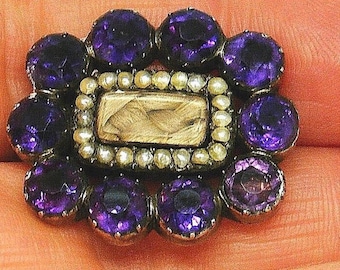 Antique Georgian Amethyst seed pearl mourning hair pin brooch