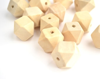 Faceted Geomeric Wood Beads Bulk, 20mm, Polygon Beads, Unfinished Natural Wood - 10 pieces