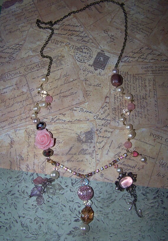 Items similar to Elegant Romantic Vintage Junk Jewelry Necklace Mix Charms Ooak Antique